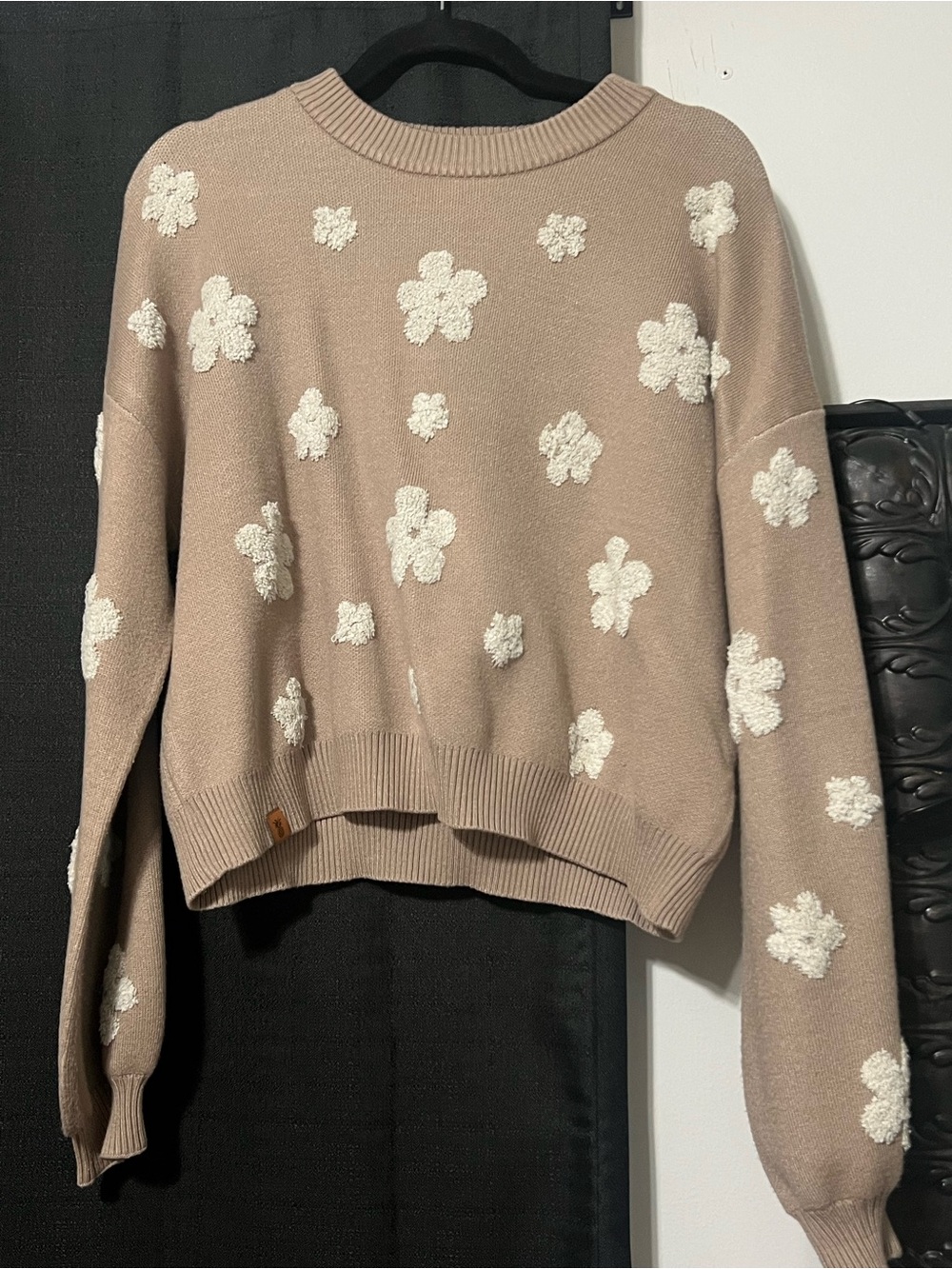 Simply Southern Taupe Crewneck Sweater with Cream Floral Appliqué